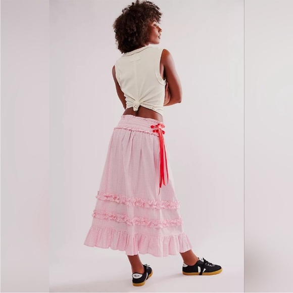 Damson Madder x Free People Pink Gingham Olivia Ruffle Midi Skirt Size 14, US 10 - Picture 4 of 16